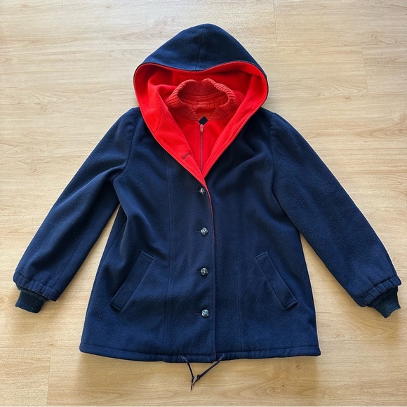 Vintage 70s Authentic Mackintosh Blue Red 100% Wool Peacoat Winter Coat Jacket - Picture 1 of 9